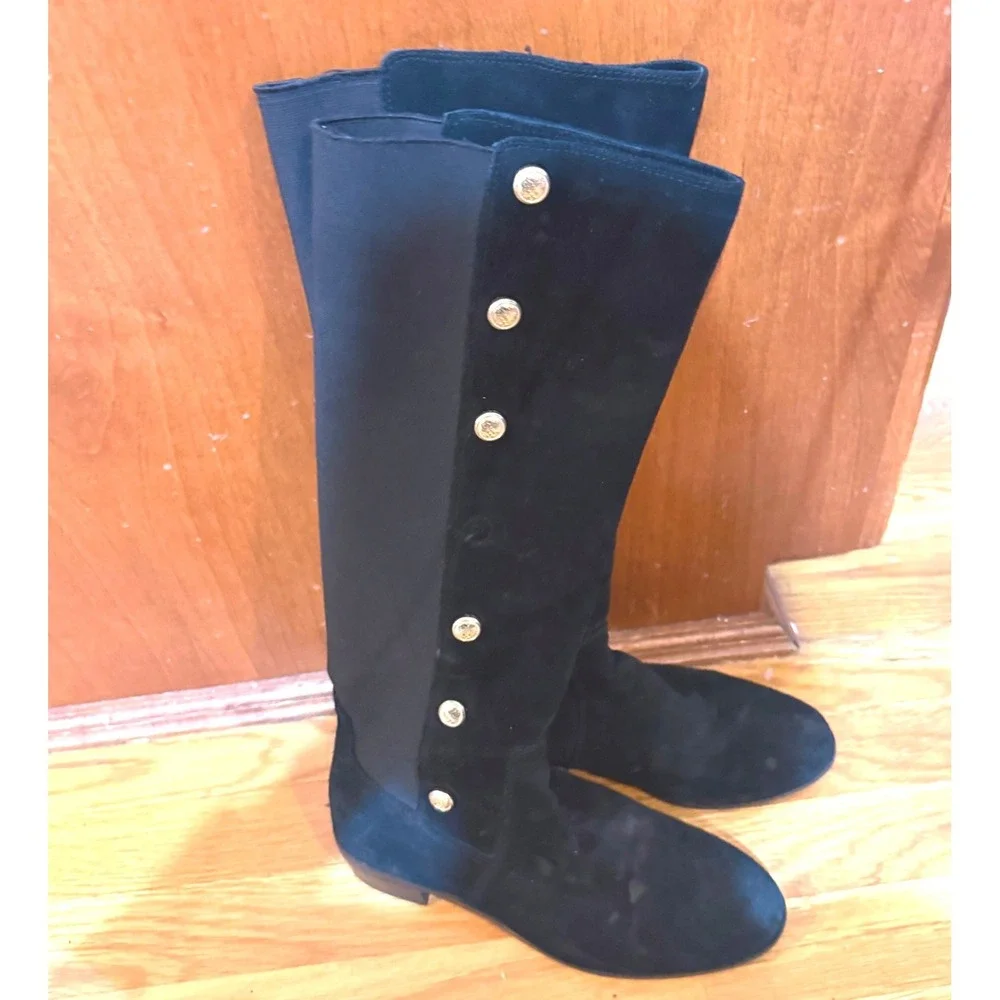 Vince Camuto Vacilla Black Suede Tall‎ Boots Gold Button Detail 7.5M 37.5